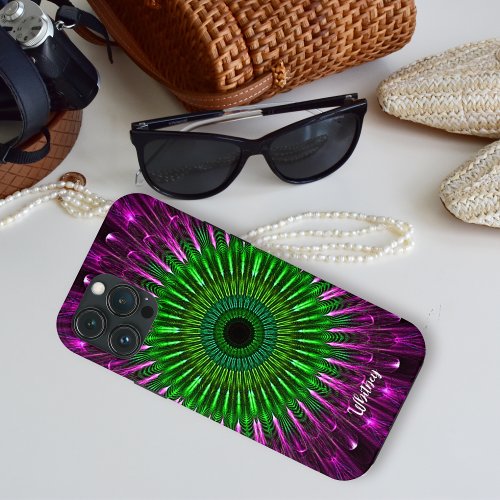 Modern Abstract Green Purple Fractal Mandala Name  iPhone 13 Pro Max Case