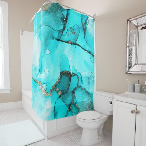 Modern Abstract Green Teal Turquoise Gold Shower Curtain