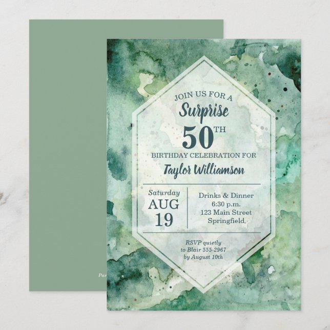Modern Abstract Green Watercolor Birthday Invites (Front/Back)