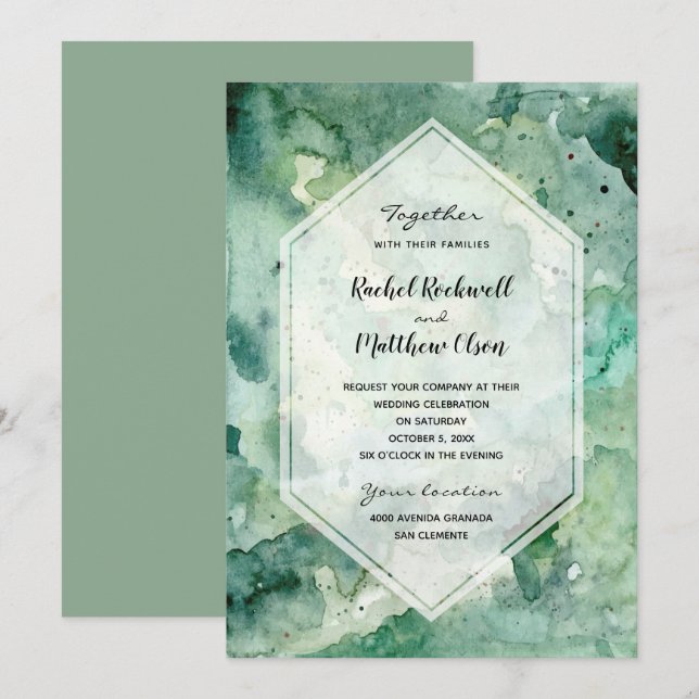 Modern Abstract Green Watercolor Wedding Invites (Front/Back)