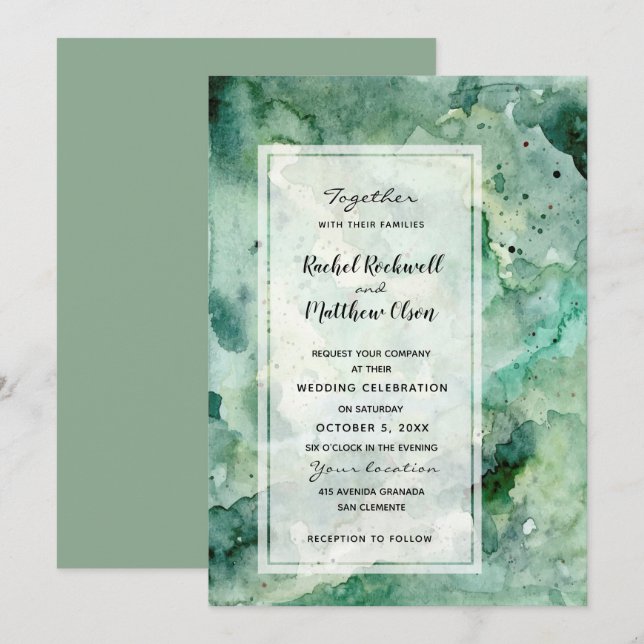 Modern Abstract Green Watercolor Wedding Invites (Front/Back)