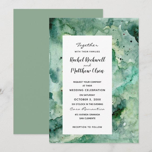 Modern Abstract Green Watercolor Wedding Invites (Front/Back)