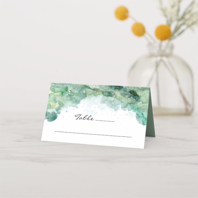 Modern Abstract Green Watercolor Wedding Placecard (Front)