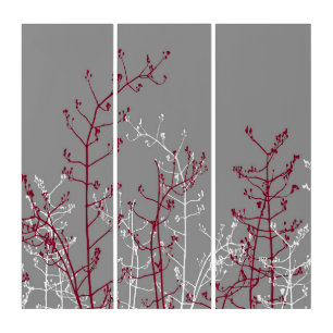Modern Abstract Grey Burgundy Floral Triptych