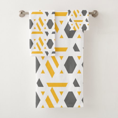 Modern abstract grey mustard yellow white bath towel set