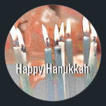 Modern Abstract Hanukkah Classic Round Sticker<br><div class="desc">A modern abstract digital painting of Hanukkah candles with Happy Hanukkah text. Popular uses of this sticker include party favors,  correspondence seals and to embellish gifts.</div>