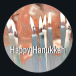 Modern Abstract Hanukkah Classic Round Sticker<br><div class="desc">A modern abstract digital painting of Hanukkah candles with Happy Hanukkah text. Popular uses of this sticker include party favors,  correspondence seals and to embellish gifts.</div>