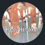 Modern Abstract Hanukkah Classic Round Sticker<br><div class="desc">A modern abstract digital painting of Hanukkah candles with Happy Hanukkah text. Popular uses of this sticker include party favors,  correspondence seals and to embellish gifts.</div>