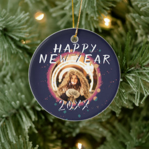 Modern Abstract Happy New Year 2023 Photo Ceramic Ornament