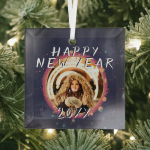 Modern Abstract Happy New Year 2023 Photo Glass Ornament
