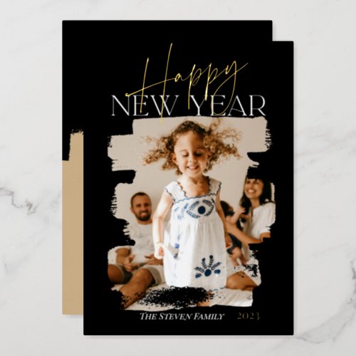 Modern abstract happy new year brushstroke black foil holiday card