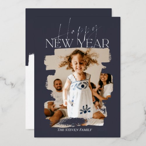 Modern abstract happy new year brushstroke blue foil holiday card
