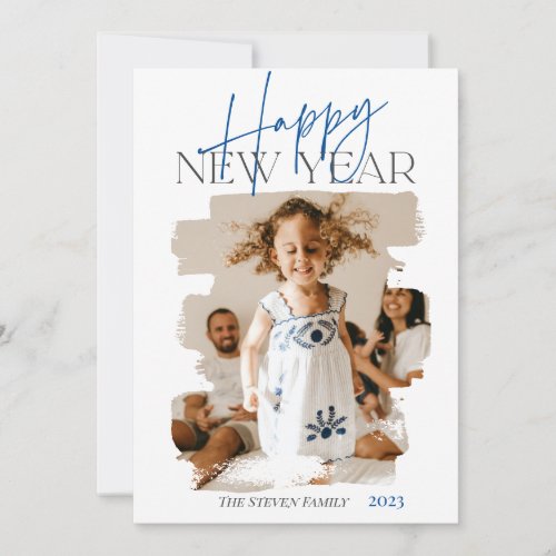 Modern abstract happy new year brushstroke blue holiday card