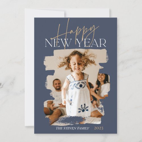 Modern abstract happy new year brushstroke blue holiday card