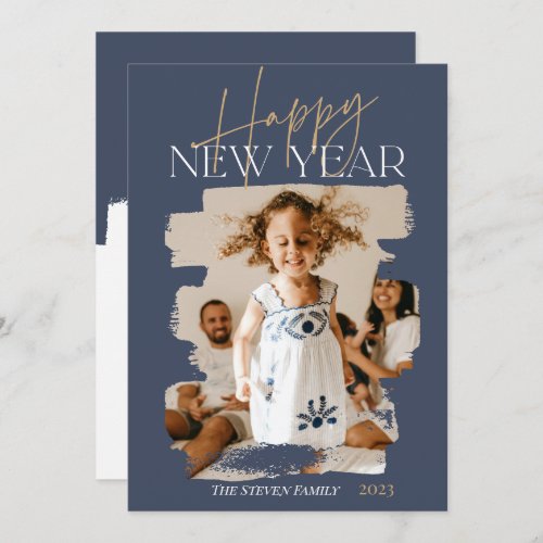 Modern abstract happy new year brushstroke blue holiday card