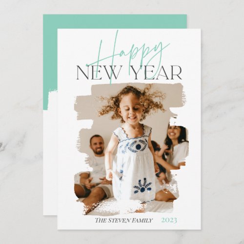 Modern abstract happy new year brushstroke mint holiday card