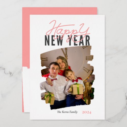Modern abstract happy new year brushstroke pink foil holiday card