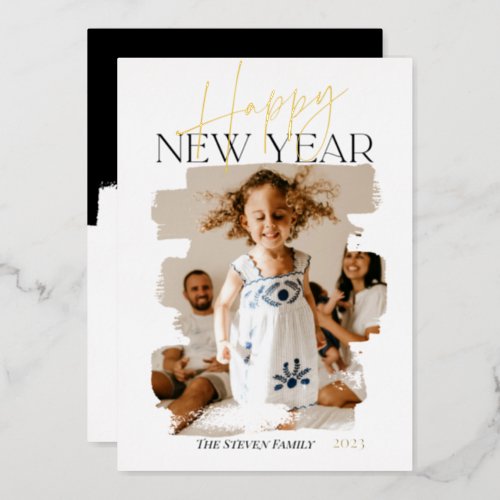 Modern abstract happy new year brushstroke white foil holiday card