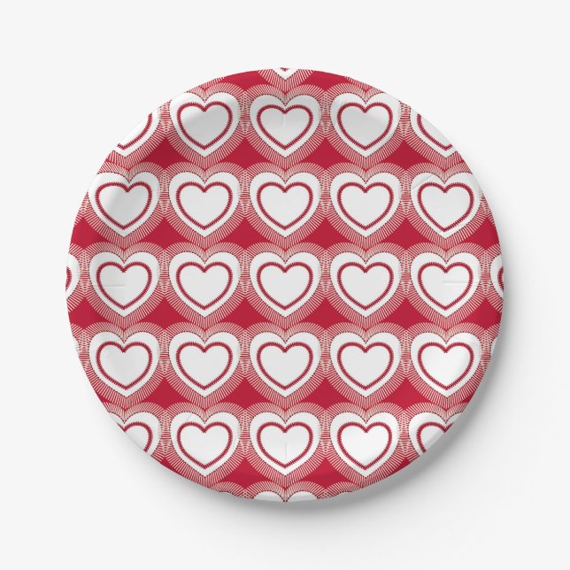 Modern Abstract Hearts - Red and White Paper Plates (Front)