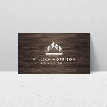 Modern Abstract Home Logo On Dark Woodgrain Business Card by 1201am at Zazzle