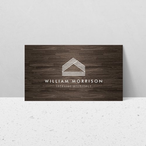 Modern Abstract Home Logo on Dark Woodgrain Business Card
