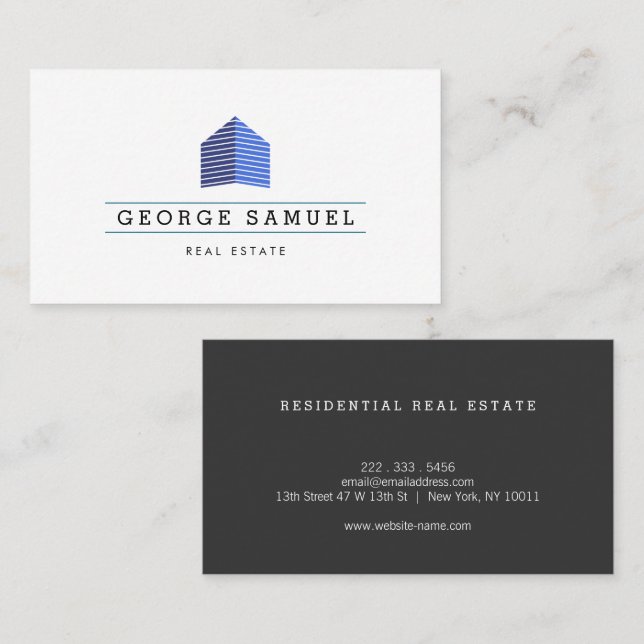 Modern Abstract Home Logo Realtor Blue Monogram Business Card (Front/Back)