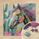 Modern Abstract Horse and Succulents Jigsaw Puzzle<br><div class="desc">A vibrant, modern abstract painting depicting a horse surrounded by cacti and succulents in soft pastel colors. The horse is rendered with splashes of bold color, while the desert plants are painted with a mix of muted greens, pinks, and blues. The fusion of organic forms and lively hues creates a...</div>