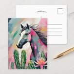 Modern Abstract Horse and Succulents Postcard<br><div class="desc">A vibrant, modern abstract painting depicting a horse surrounded by cacti and succulents in soft pastel colors. The horse is rendered with splashes of bold color, while the desert plants are painted with a mix of muted greens, pinks, and blues. The fusion of organic forms and lively hues creates a...</div>