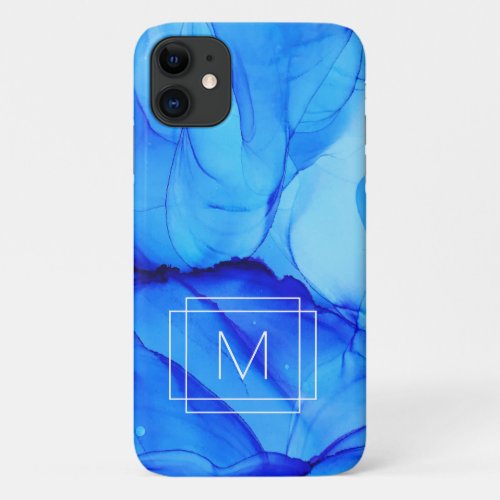 Modern Abstract Indigo Blue Purple Swirls Monogram iPhone 11 Case