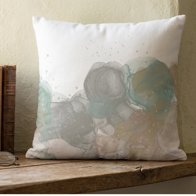 Modern Abstract Ink Wash Art Throw Pillow (This soft gray and teal abstract ink wash pattern adds modern art style to your living room.)