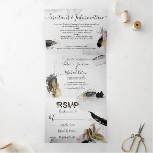 Modern Abstract Japanese Brush strokes Wedding Tri-Fold Invitation