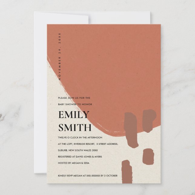 MODERN ABSTRACT KRAFT RUST RED BABY SHOWER INVITE (Front)