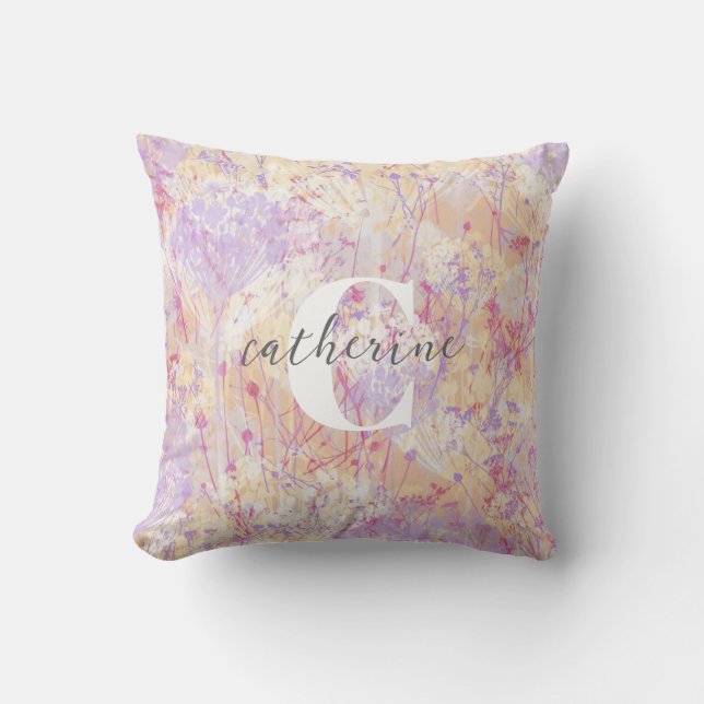 Modern Abstract Lavender Flowers Name Monogram Throw Pillow (Front)