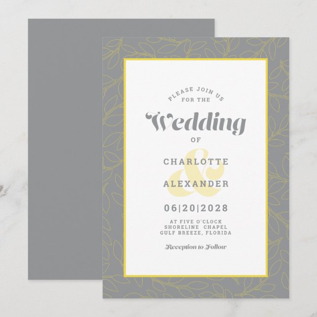Modern Abstract Leaves Pattern | Gray & Yellow Invitation (Front/Back)