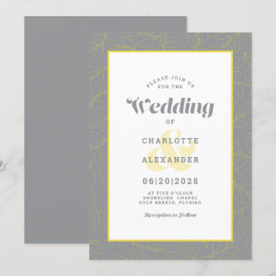 Modern Abstract Leaves Pattern   Gray & Yellow Invitation