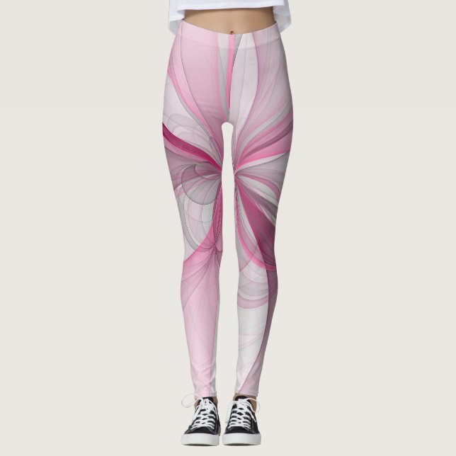 Modern Abstract Light Pink Gray Fractal Design Leggings (Front)