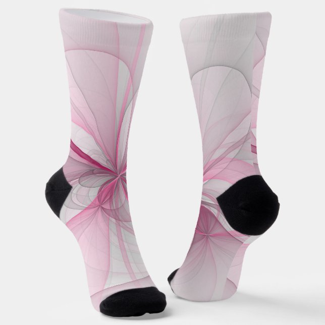 Modern Abstract Light Pink Gray Fractal Design Socks (Angled)