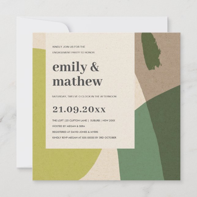 MODERN ABSTRACT LIME GREEN KRAFT ART ENGAGEMENT INVITATION (Front)