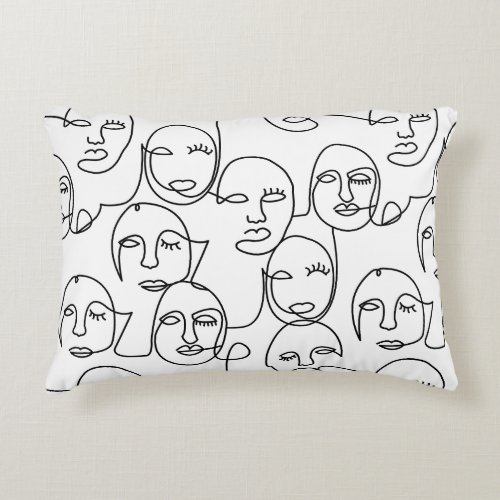Modern Abstract Lines Faces Continuous Line Art Accent Pillow