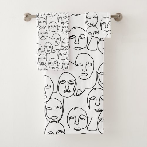 Modern Abstract Lines Faces Continuous Line Art Bath Towel Set