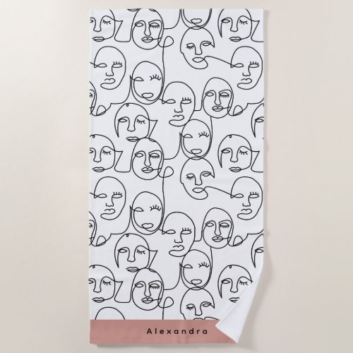 Modern Abstract Lines Faces Continuous Line Art Beach Towel