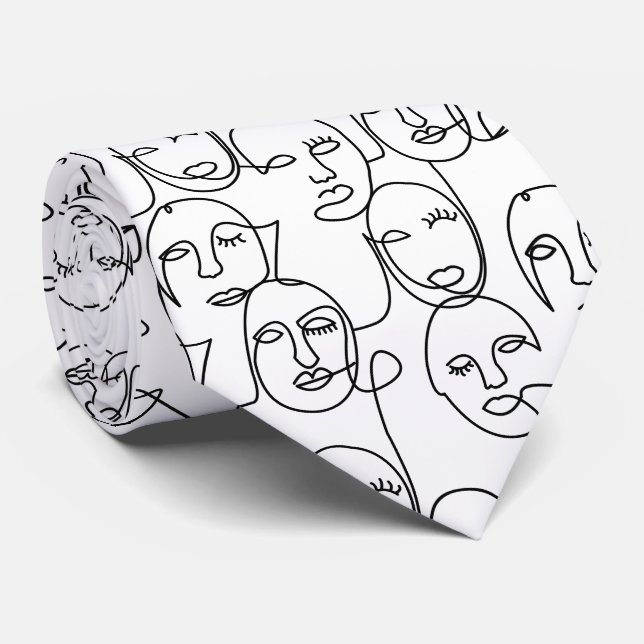 Modern Abstract Lines Faces Continuous Line Art Neck Tie (Rolled)