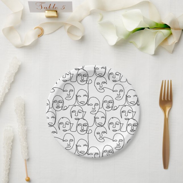 Modern Abstract Lines Faces Continuous Line Art Paper Plates (Wedding)