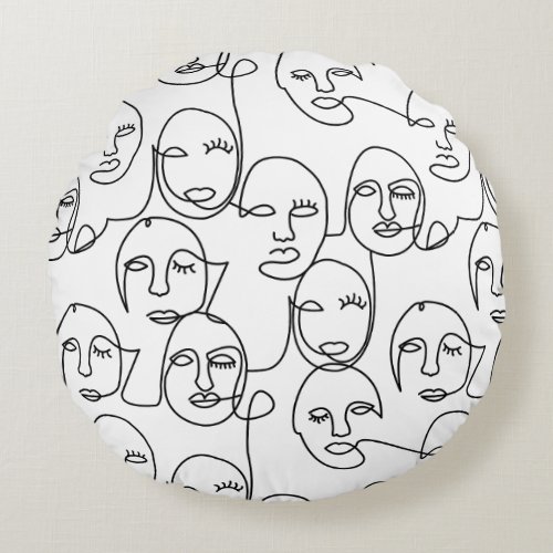 Modern Abstract Lines Faces Continuous Line Art Round Pillow