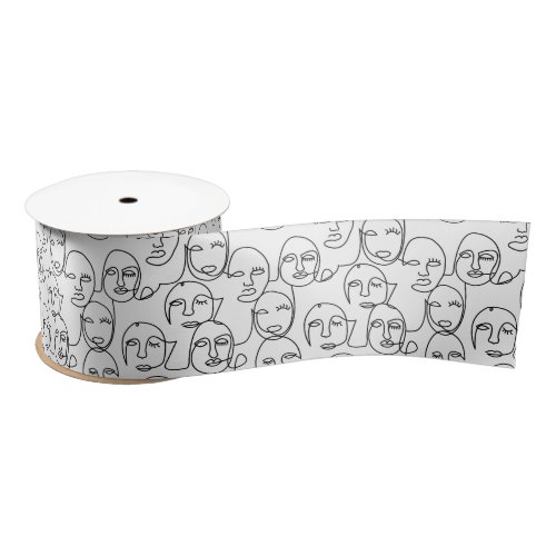 Modern Abstract Lines Faces Continuous Line Art Satin Ribbon