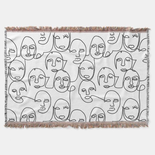 Modern Abstract Lines Faces Continuous Line Art Throw Blanket