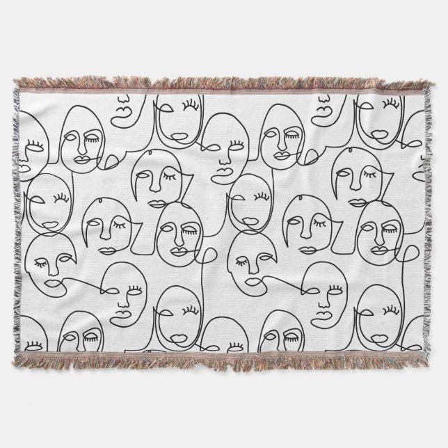 Modern Abstract Lines Faces Continuous Line Art Throw Blanket (Front)