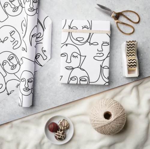 Modern Abstract Lines Faces Continuous Line Art Wrapping Paper