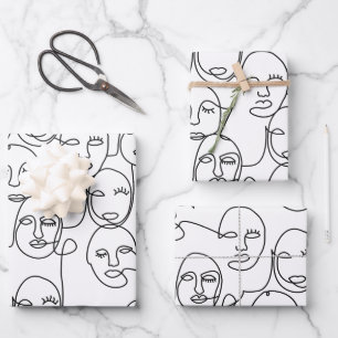 Modern Abstract Lines Faces Continuous Line Art Wrapping Paper Sheets