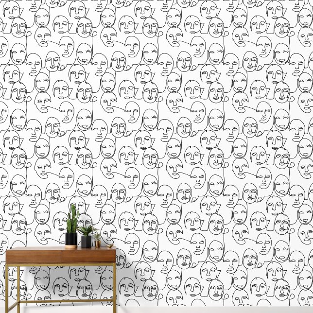 Modern Abstract Lines Faces Continuous Lines Wallpaper (Hallway)